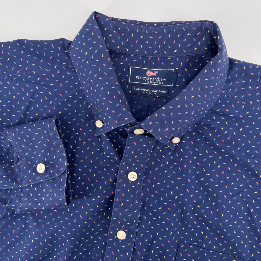 Vineyard Vines Button Down Mens XXL Navy Christmas Lights Slim Fit Murray Shirt